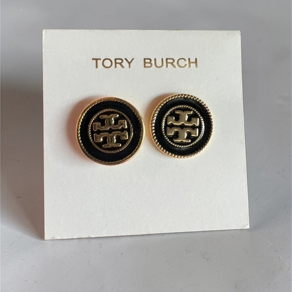 Tory Burch Accessories - Tory Burch Black and Gold Round Logo Stud Earrings